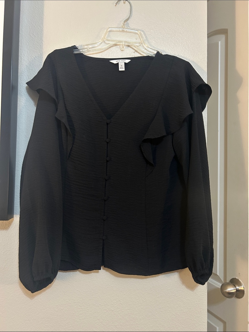 Nine Weat Black Ruffle V-Neck Button Front Top